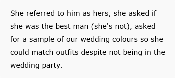 Text about fiancé’s female friend demanding best man role and matching dress despite not being in the wedding party. Text about fiancé’s female friend demanding best man role and matching dress despite not being in the wedding party.