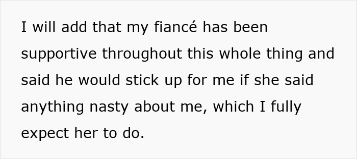 Screenshot of text describing fiancé being supportive and ready to stick up for bride amid demands from fiancé’s female friend. Screenshot of text describing fiancé being supportive and ready to stick up for bride amid demands from fiancé’s female friend.