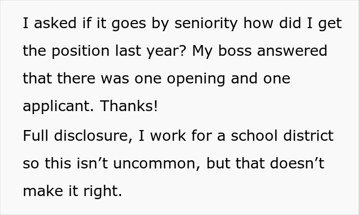 Text discussing work making reapply position with an example about getting a job by seniority and one applicant. Text discussing work making reapply position with an example about getting a job by seniority and one applicant.