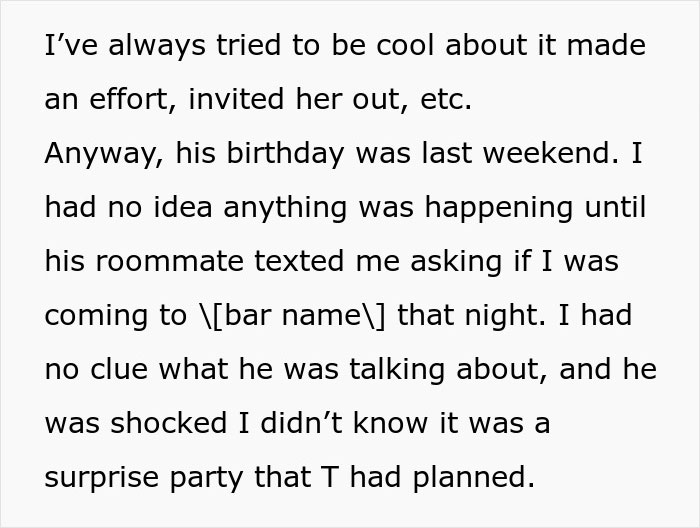 Text excerpt from a story about a guy’s female best friend not inviting his girlfriend to a surprise birthday party. Text excerpt from a story about a guy’s female best friend not inviting his girlfriend to a surprise birthday party.