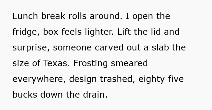 Alt text: Woman’s custom baby shower cake ruined in shared fridge, frosting smeared and design trashed by coworkers.