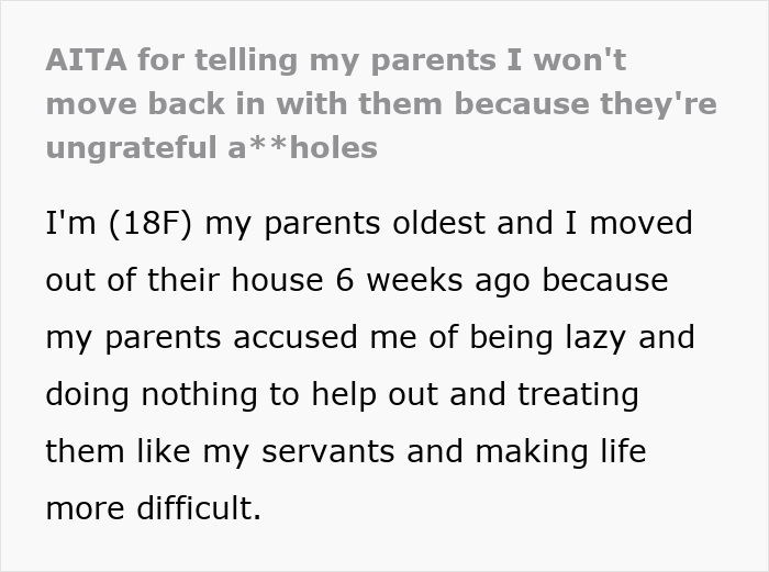 Text post about an 18-year-old leaving home due to toxic parents and refusing to move back with them.