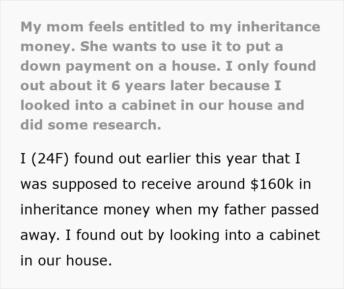 Daughter discovers mom embezzled $160K inheritance and begins gaslighting her after being exposed. Daughter discovers mom embezzled $160K inheritance and begins gaslighting her after being exposed.
