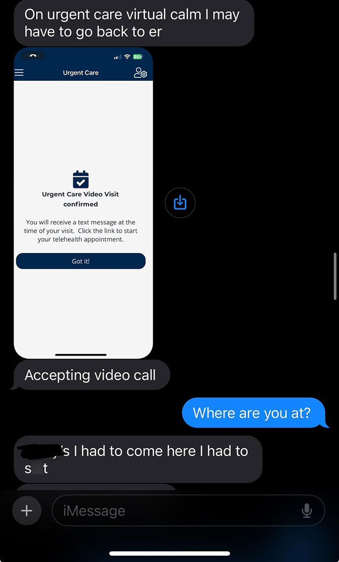 Text message conversation about urgent care video visit on phone, boyfriend ex-gf house bathroom phone charge context. Text message conversation about urgent care video visit on phone, boyfriend ex-gf house bathroom phone charge context.