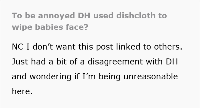 Text post discussing husband carrying infant by the arms and wiping the baby's face with dishrags causing disagreement. Text post discussing husband carrying infant by the arms and wiping the baby's face with dishrags causing disagreement.