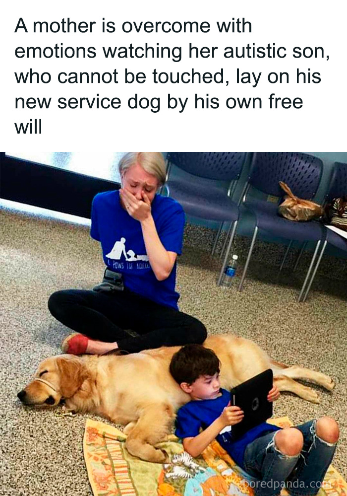 Mother emotional as her autistic son lies on new service dog, showing a touching moment of dog owner and pet connection.