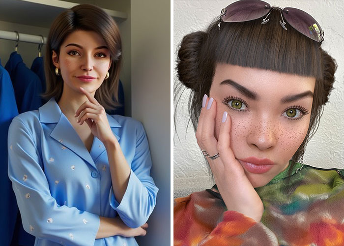 Two young women, one in a blue blouse posing thoughtfully, the other with sunglasses on head, representing athlete and fake influencer. Two young women, one in a blue blouse posing thoughtfully, the other with sunglasses on head, representing athlete and fake influencer.