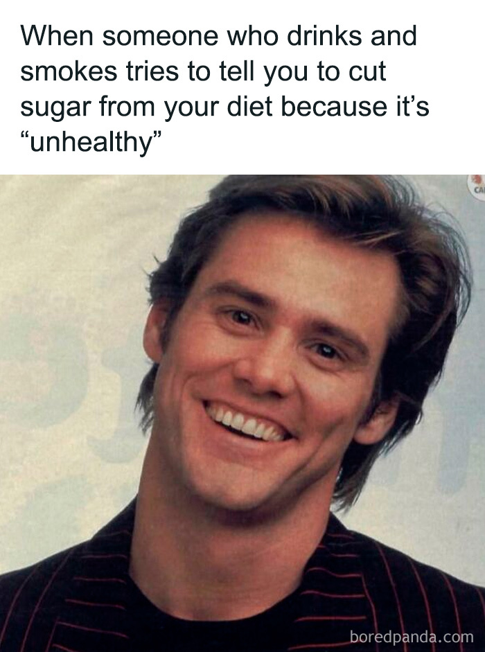 Smiling man reacting to ironic gym meme about unhealthy habits and cutting sugar, perfect for gym humor and fitness laughs.