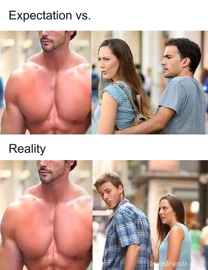 Expectation vs reality meme showing gym muscle goals contrasted with a distracted boyfriend scenario for gym humor.