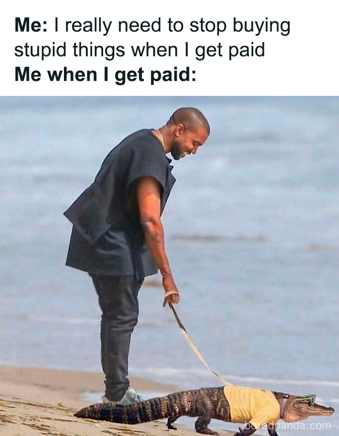 Man walking an alligator dressed in clothes on a beach, representing weird and unhinged type of humor meme.