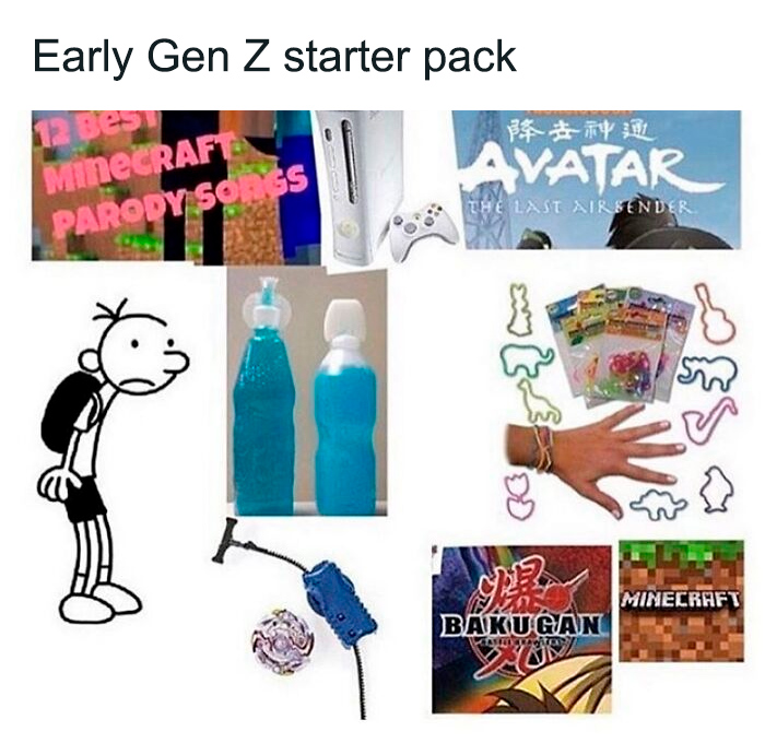 Early Gen Z starter pack with Minecraft, Avatar, parody songs, slap bracelets, and nostalgic childhood toys in weird humor memes.