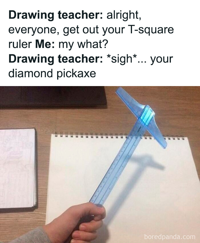 Hand holding a T-square ruler shaped like a diamond pickaxe, illustrating weird and unhinged type of humor memes.