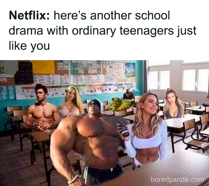 A bizarre classroom scene with edited muscular and unusual teenagers reflecting weird and unhinged humor memes.