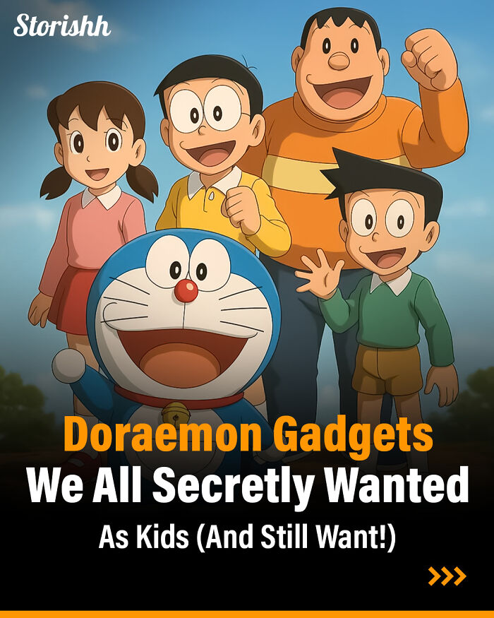 Doraemon gadgets with friends smiling outdoors, showcasing popular animated characters solving adult life problems.