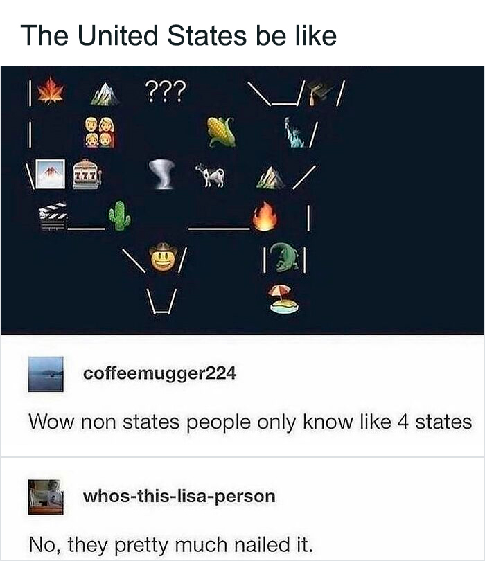 Map of the United States humorously depicted with emojis, paired with funny comments showcasing weird and unhinged humor memes.