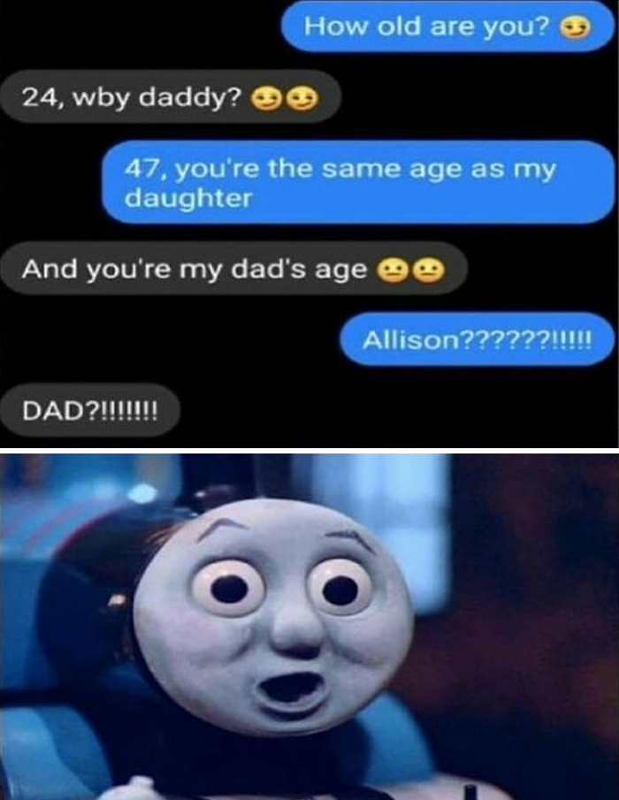 Text message exchange with weird and unhinged humor followed by a shocked Thomas the Tank Engine meme face.