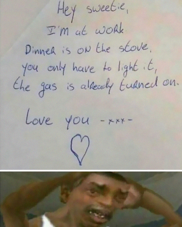 Handwritten note with a dark twist paired with a confused man, reflecting weird and unhinged humor memes.