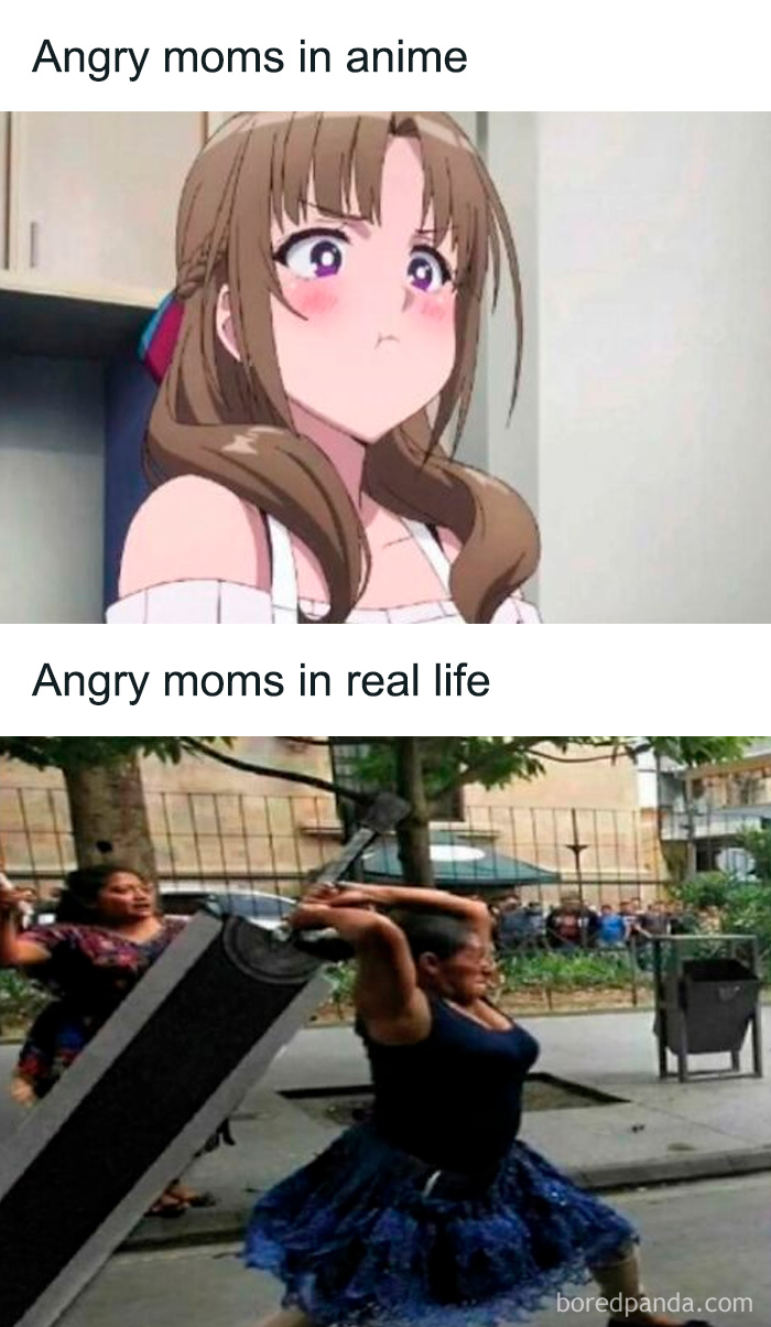 Comparison meme showing an anime angry mom with puffed cheeks and a real-life angry mom wielding a large sword unhinged humor meme.