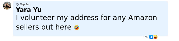 Comment by Yara Yu volunteering her address for Amazon sellers amid hundreds of mistaken package deliveries to a woman’s home. Comment by Yara Yu volunteering her address for Amazon sellers amid hundreds of mistaken package deliveries to a woman’s home.