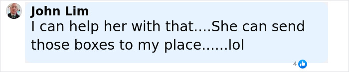 Comment from John Lim joking about helping a woman with hundreds of mistakenly delivered Amazon packages. Comment from John Lim joking about helping a woman with hundreds of mistakenly delivered Amazon packages.