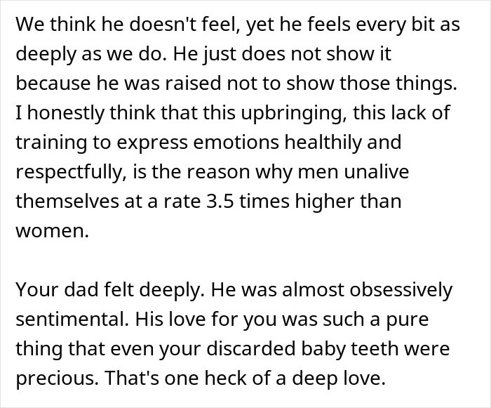 Text excerpt reflecting on how a dad’s deep feelings and sentimental love reveal new understanding from a storage unit discovery.