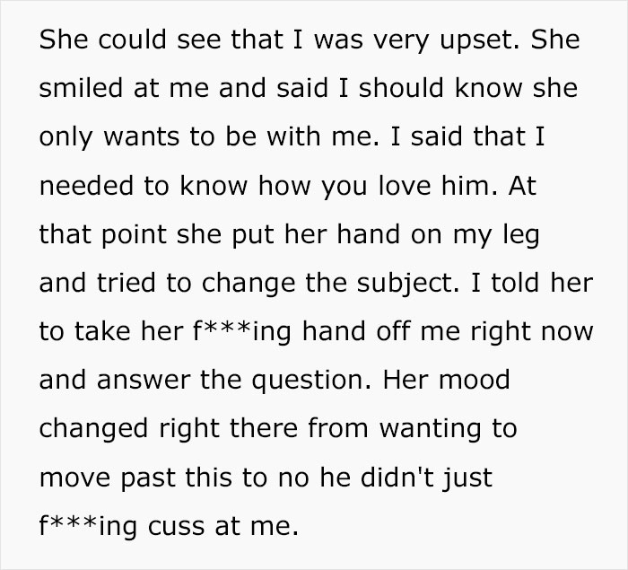 Text excerpt showing emotional conversation where a husband feels sick after realizing who their son is named after. Text excerpt showing emotional conversation where a husband feels sick after realizing who their son is named after.