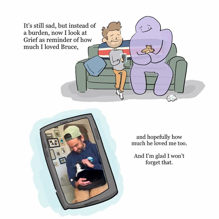 Illustration of a person sitting beside a large blue figure on a couch, depicting grief and inner struggle in funny comics.