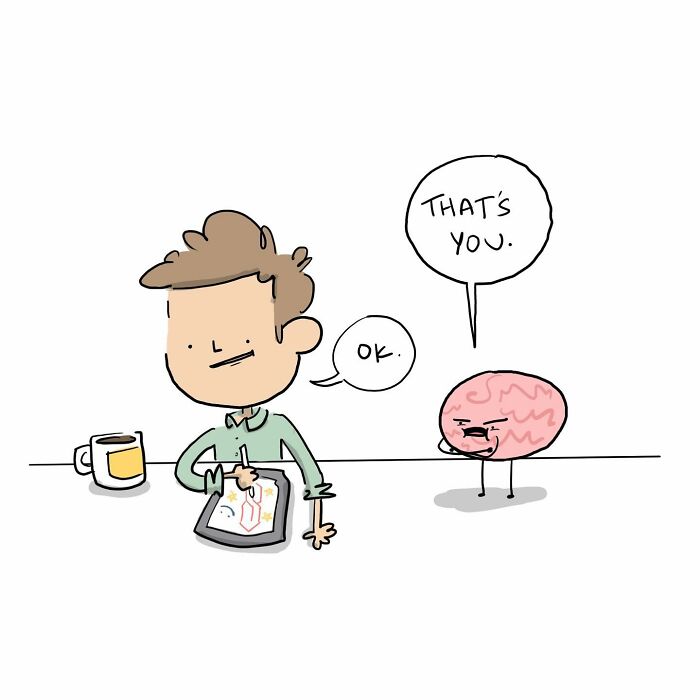 Cartoon of a person drawing with a walking brain beside them labeled walking with purpose, funny comics brain theme.