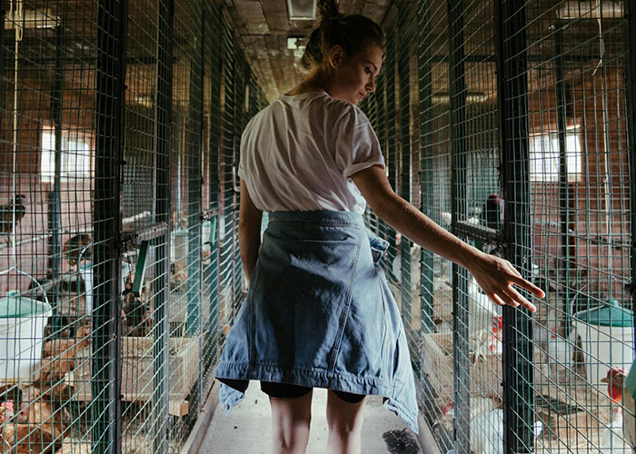 Young woman exploring a narrow animal enclosure, reflecting on bizarre family habits seen as completely normal.
