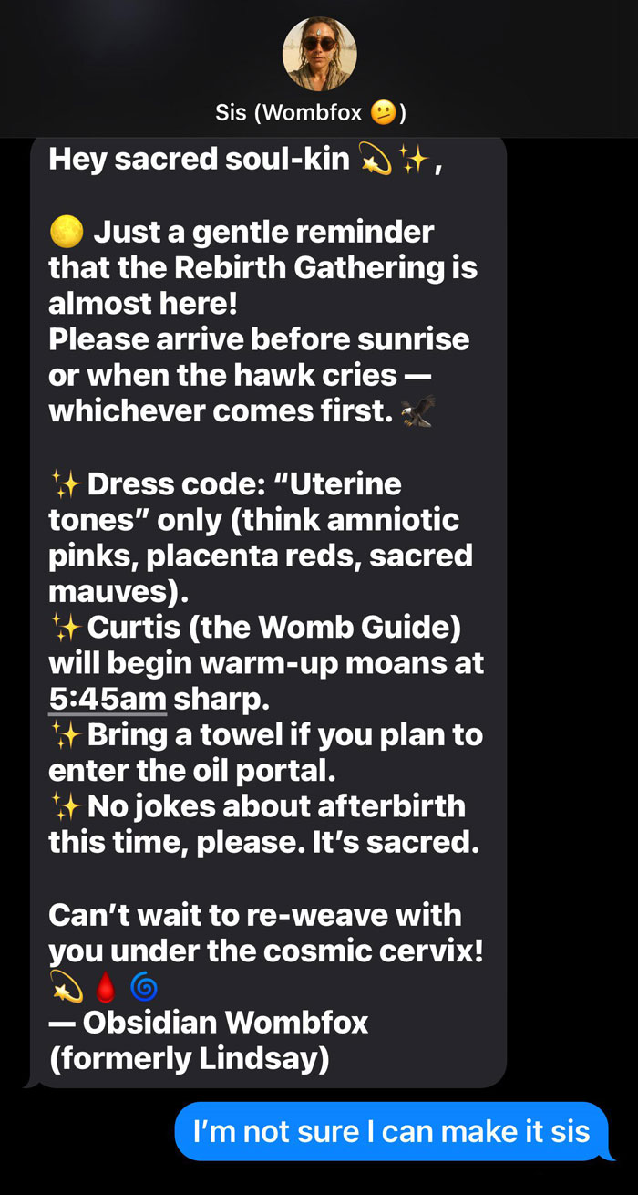 Text message from sister about the rebirth gathering with dress code and instructions before sunrise, brother unsure to attend. Text message from sister about the rebirth gathering with dress code and instructions before sunrise, brother unsure to attend.