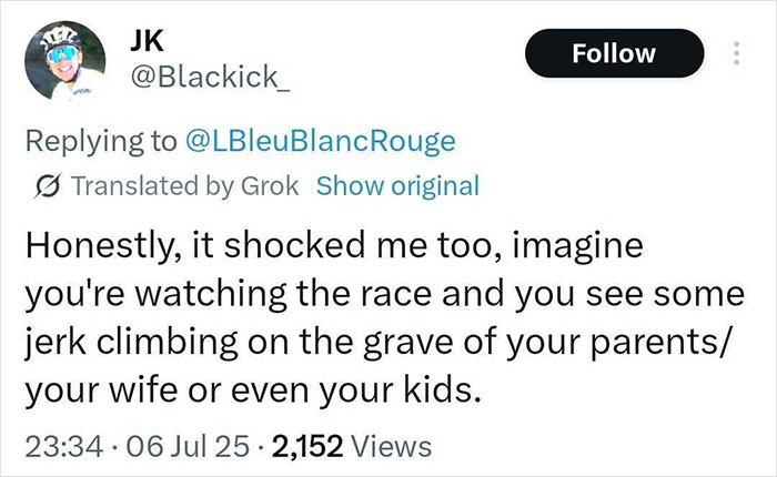 Screenshot of a tweet expressing shock at Tour De France fans standing on graves to get a better view of the race. Screenshot of a tweet expressing shock at Tour De France fans standing on graves to get a better view of the race.