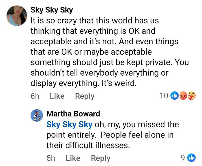 Facebook comments discussing privacy and emotional struggles faced by a woman with an ostomy bag during illness. Facebook comments discussing privacy and emotional struggles faced by a woman with an ostomy bag during illness.