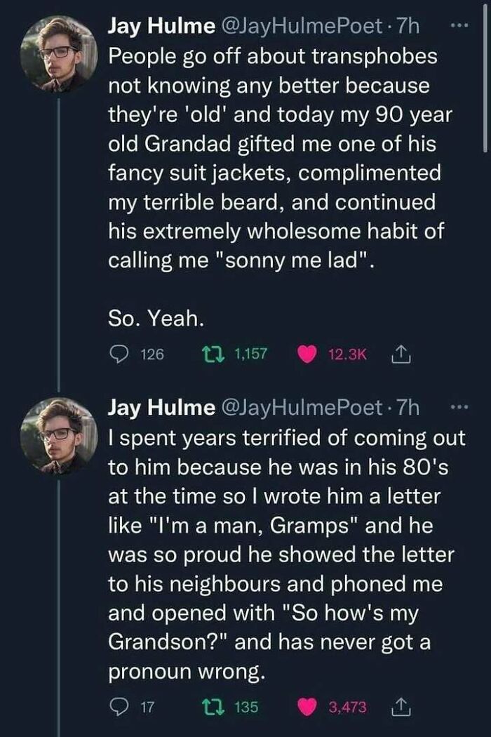 Tweet about a 90-year-old grandad's positivity and support, highlighting very important positivity. Tweet about a 90-year-old grandad's positivity and support, highlighting very important positivity.
