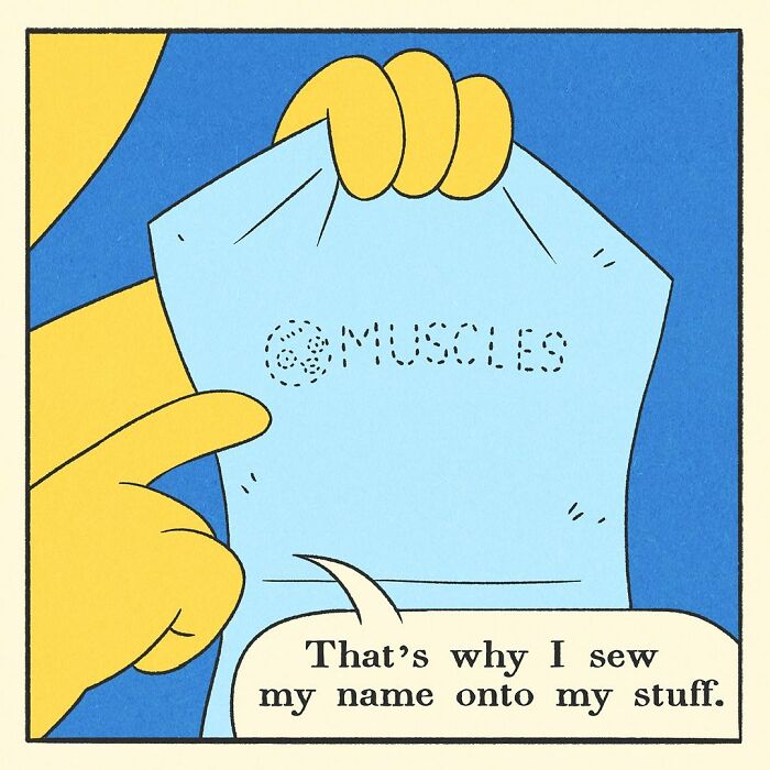 Bodybuilding duck with muscular arms sitting on a green gym bench by the beach with a surprised expression.