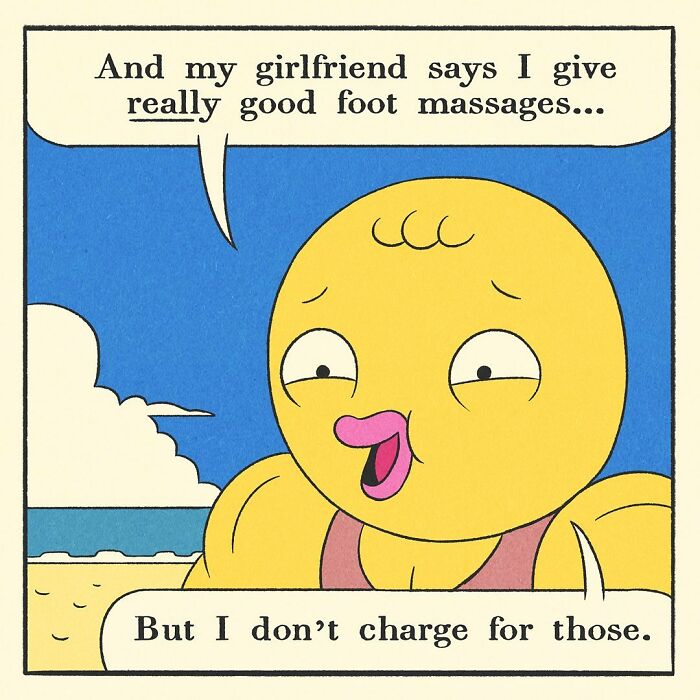Comic panel showing a bodybuilding duck encouraging friends at the gym with a friendly and soft-hearted expression.