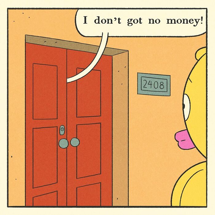 Bodybuilding duck locking a pink bicycle on a suburban street in a comic style with bright colors and clear sky background.