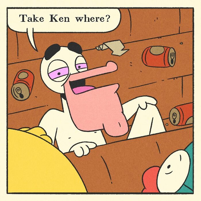 Colorful comic scene showing a cartoon duck character driving a red car past a house with a backyard grill overturned.