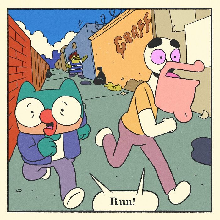 Cartoon comic featuring a bodybuilding duck character with a soft heart standing by a door with no entry sign.