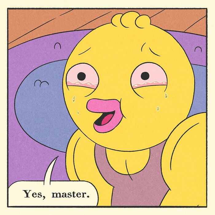 Muscular yellow duck gently massaging the foot of a relaxed fox character in a colorful comic scene.