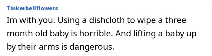 Comment criticizing husband for carrying infant by arms and wiping baby’s face with dishcloth, highlighting safety concerns. Comment criticizing husband for carrying infant by arms and wiping baby’s face with dishcloth, highlighting safety concerns.
