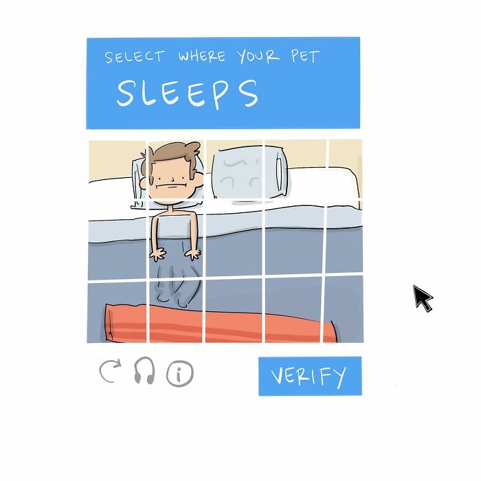 Hand-drawn comic showing a checkbox labeled Im not a robot with a submit button and cursor pointer.