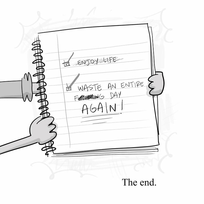 Person and brain arguing with each other about productivity in a funny comic from 40 funny comics series.