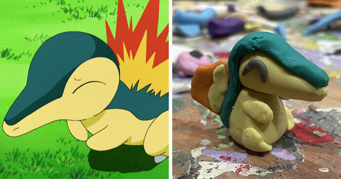 Side-by-side image of a Cyndaquil Pokémon and a poorly-made clay model version of the same character on a paint-splattered surface.
