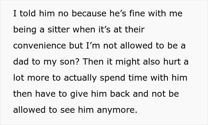 Text discussing bio dad refusing to babysit, highlighting family drama and emotional struggles with visitation rights.