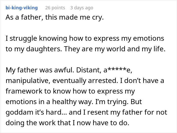 Comment about emotional struggles as a father, reflecting on difficult relationship with own dad left storage unit. Comment about emotional struggles as a father, reflecting on difficult relationship with own dad left storage unit.