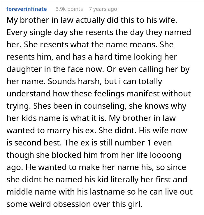 Comment text about a husband feeling sick after realizing their son is named after his ex, causing family tension and resentment. Comment text about a husband feeling sick after realizing their son is named after his ex, causing family tension and resentment.