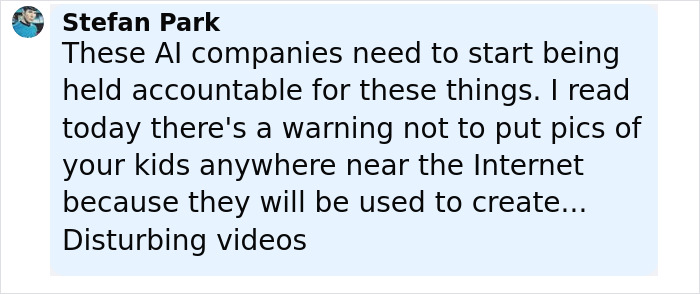 Comment from Stefan Park expressing concern about AI accountability and warning against sharing children's pictures online. Comment from Stefan Park expressing concern about AI accountability and warning against sharing children's pictures online.