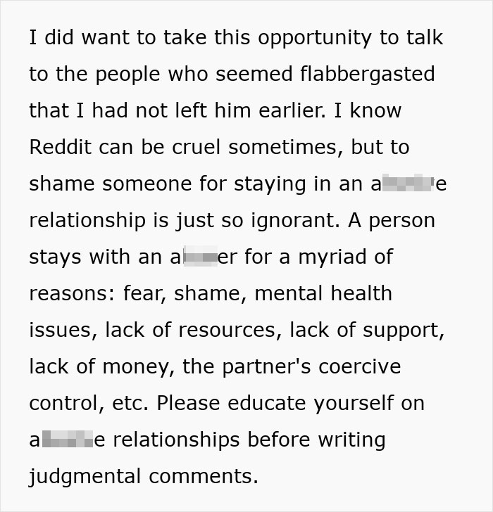 Text message discussing the complexity of abusive relationships and urging education before making judgmental comments. Text message discussing the complexity of abusive relationships and urging education before making judgmental comments.