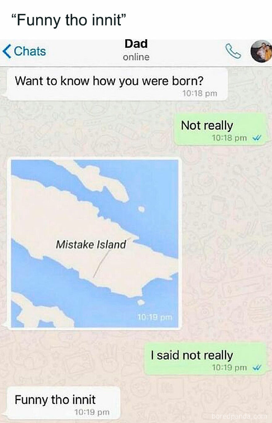 Text message meme showing a dad sending a map of Mistake Island as a British humor joke.