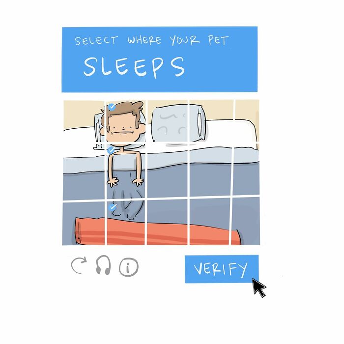 Hand-drawn comic showing a checkbox labeled Im not a robot with a submit button and cursor pointer.